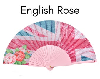 ENGLISH ROSE: Pink Union Jack folding hand fan with English roses and light pink wood ribs