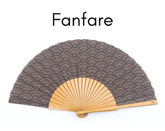 FANFARE: Art Deco design folding hand fan with old gold color wood ribs