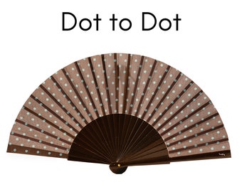 DOT TO DOT: 50s Retro polka dot design folding hand fan - turquoise dots on a dark brown background with dark brown wood ribs