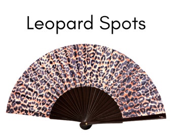 LEOPARD SPOTS: Brown black leopard print folding hand fan with dark brown wood ribs - perfect for animal lovers