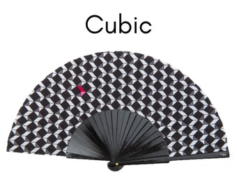CUBIC: Black and white geometric pattern with a dash of fuchsia - folding hand fan with black wood ribs