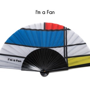 I'M A FAN: Mondrian inspired folding hand fan in bold red, blue, yellow colors with black wood ribs image 2