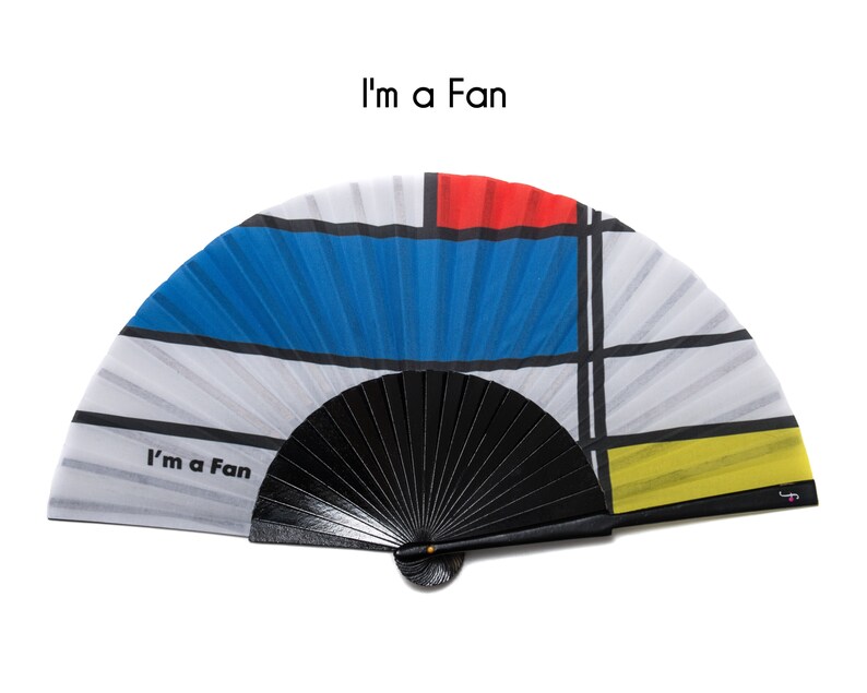 I'M A FAN: Mondrian inspired folding hand fan in bold red, blue, yellow colors with black wood ribs image 2