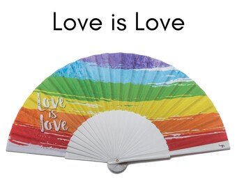 LOVE is LOVE: LGBTQ gay pride rainbow flag folding hand fan with white wood ribs