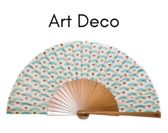 ART DECO: Fabulous Art Deco pattern - folding hand fan with light brown gold color wood ribs