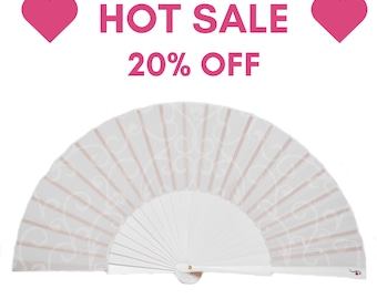 PURE WHITE: Delicate white swirly pattern on a white folding hand fan with white wood ribs - perfect for a wedding