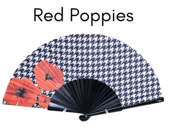 RED POPPIES: Black and white houndstooth print folding hand fan with black wood ribs