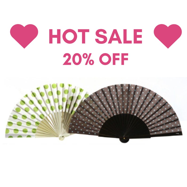 SALE: a set of 2 folding hand fans, retro polka dots, womens summer fashion accessory, unique gift for mom, church fans, hot flash relief image 1