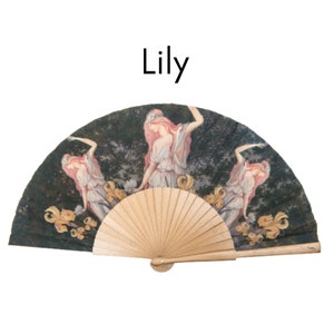 LILY: Art Nouveau style folding hand fan 3 beautiful nymphs with yellow irises in a forest with old gold color wood ribs Hand Fan