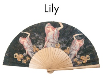 LILY: Art Nouveau style folding hand fan - 3 beautiful nymphs with yellow irises in a forest - with old gold color wood ribs