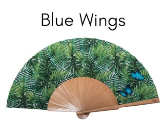 BLUE WINGS: Luscious green ferns with two blue butterflies folding hand fan with natural wood ribs