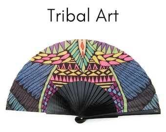 TRIBAL ART: Striking African style multicolored folding hand fan with black wood ribs