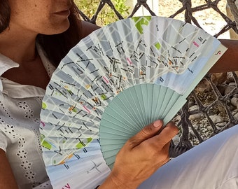 TLV:  Map of Tel Aviv, urban design street fashion, top quality folding hand fan with Mediterranean blue wood ribs