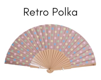 RETRO POLKA: 50s style polka dots in pastel colors folding hand fan with beige color wood ribs