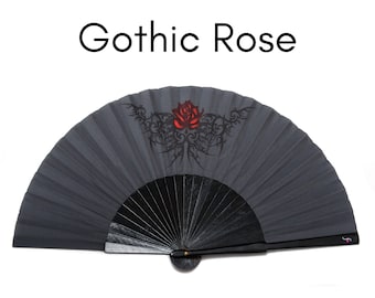 GOTHIC ROSE: Goth style folding hand fan - a red rose tattoo design on a black background with black wood ribs