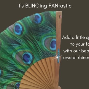 PEACOCKING: Beautiful blue green peacock feathers print folding hand fan with natural wood ribs image 3