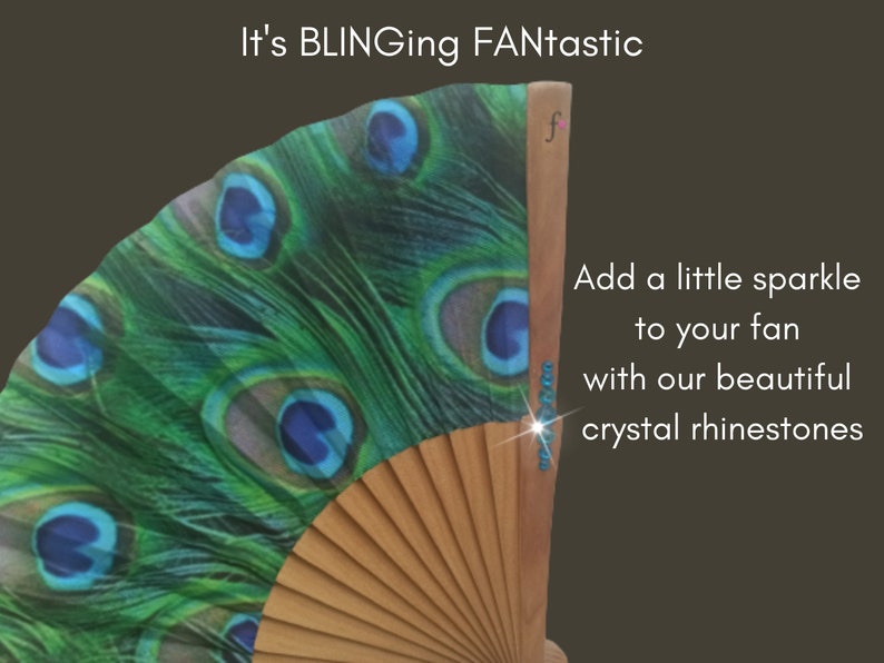 PEACOCKING: Beautiful blue green peacock feathers print folding hand fan with natural wood ribs image 3