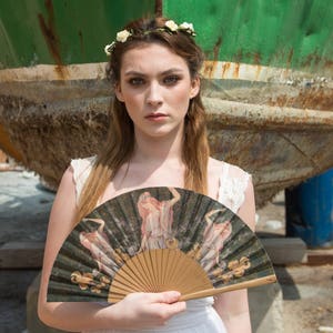 LILY: Art Nouveau style folding hand fan 3 beautiful nymphs with yellow irises in a forest with old gold color wood ribs image 2