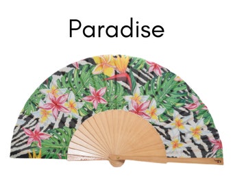 PARADISE: Tropical floral design folding hand fan with zebra stripes background and natural wood lacquered ribs