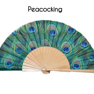 PEACOCKING: Beautiful blue green peacock feathers print folding hand fan with natural wood ribs image 2