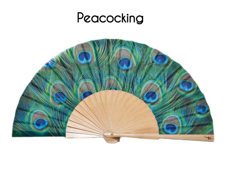 PEACOCKING: Beautiful blue green peacock feathers print folding hand fan with natural wood ribs image 2