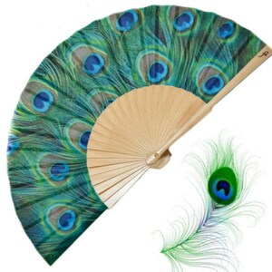 PEACOCKING: Beautiful blue green peacock feathers print folding hand fan with natural wood ribs image 1