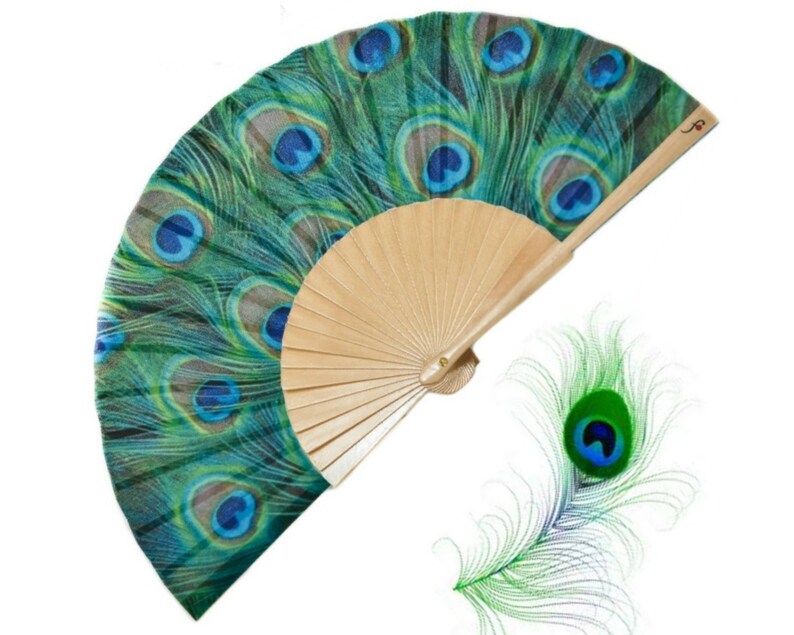 PEACOCKING: Beautiful blue green peacock feathers print folding hand fan with natural wood ribs image 1