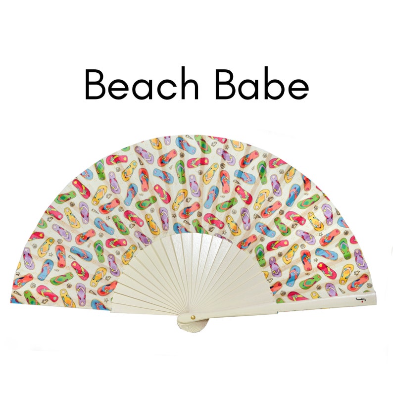 BEACH BABE: Pop Art flip flop design folding hand fan with cream colored wood ribs Hand Fan