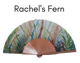 RACHEL'S FERN:  Beautiful multicolored fern design folding hand fan with dark pink beige wood ribs