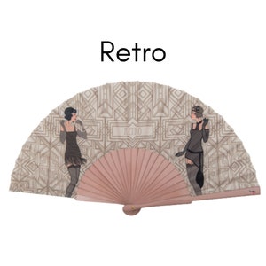 RETRO: Art Deco style folding hand fan two women in Charleston dress on a retro background with peach color wood ribs image 1