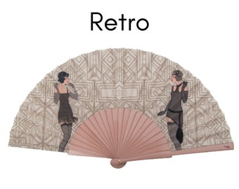 RETRO: Art Deco style folding hand fan - two women in Charleston dress on a retro background with peach color wood ribs