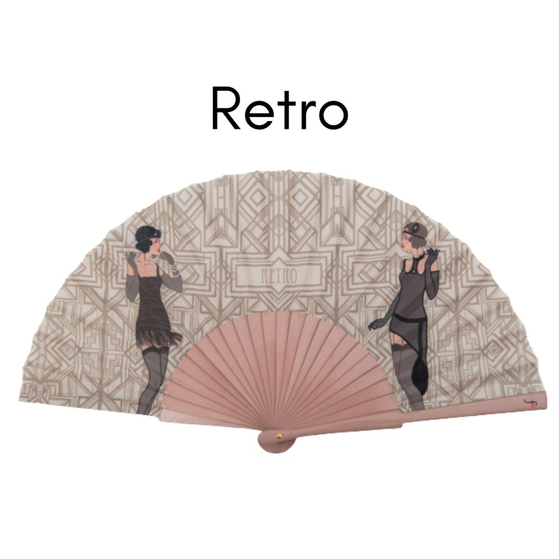 RETRO: Art Deco style folding hand fan two women in Charleston dress on a retro background with peach color wood ribs image 1