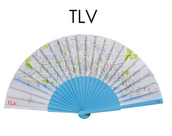 TLV:  Map of Tel Aviv, urban design street fashion, folding hand fan with Mediterranean blue wood ribs