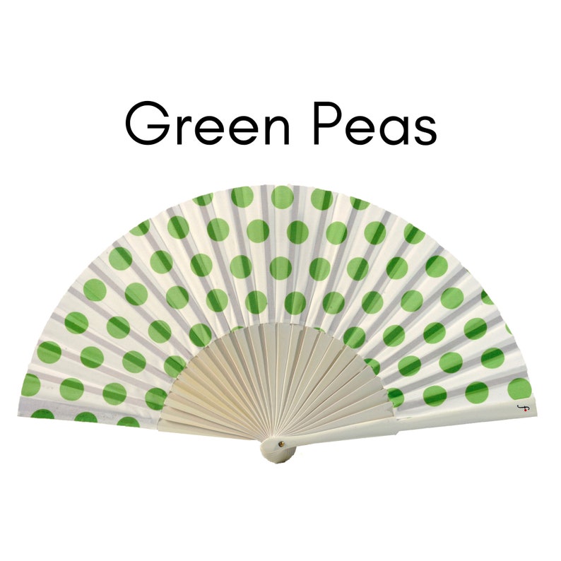 GREEN PEAS: 50s retro style folding hand fan with green polka dots on white background and white wood ribs Hand Fan