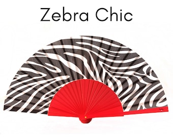 ZEBRA CHIC: Black and white zebra stripes print folding hand fan with bright red wood ribs