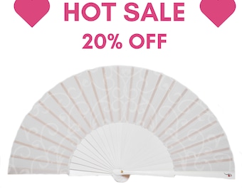 PURE WHITE: Wedding folding hand fan with romantic white swirl design and white wood ribs - wedding favor for bridesmaids and guests