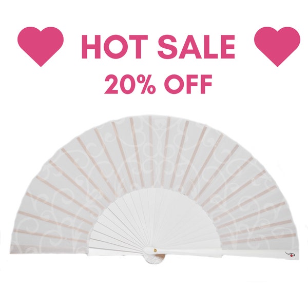 PURE WHITE: Wedding folding hand fan with romantic white swirl design and white wood ribs - wedding favor for bridesmaids and guests