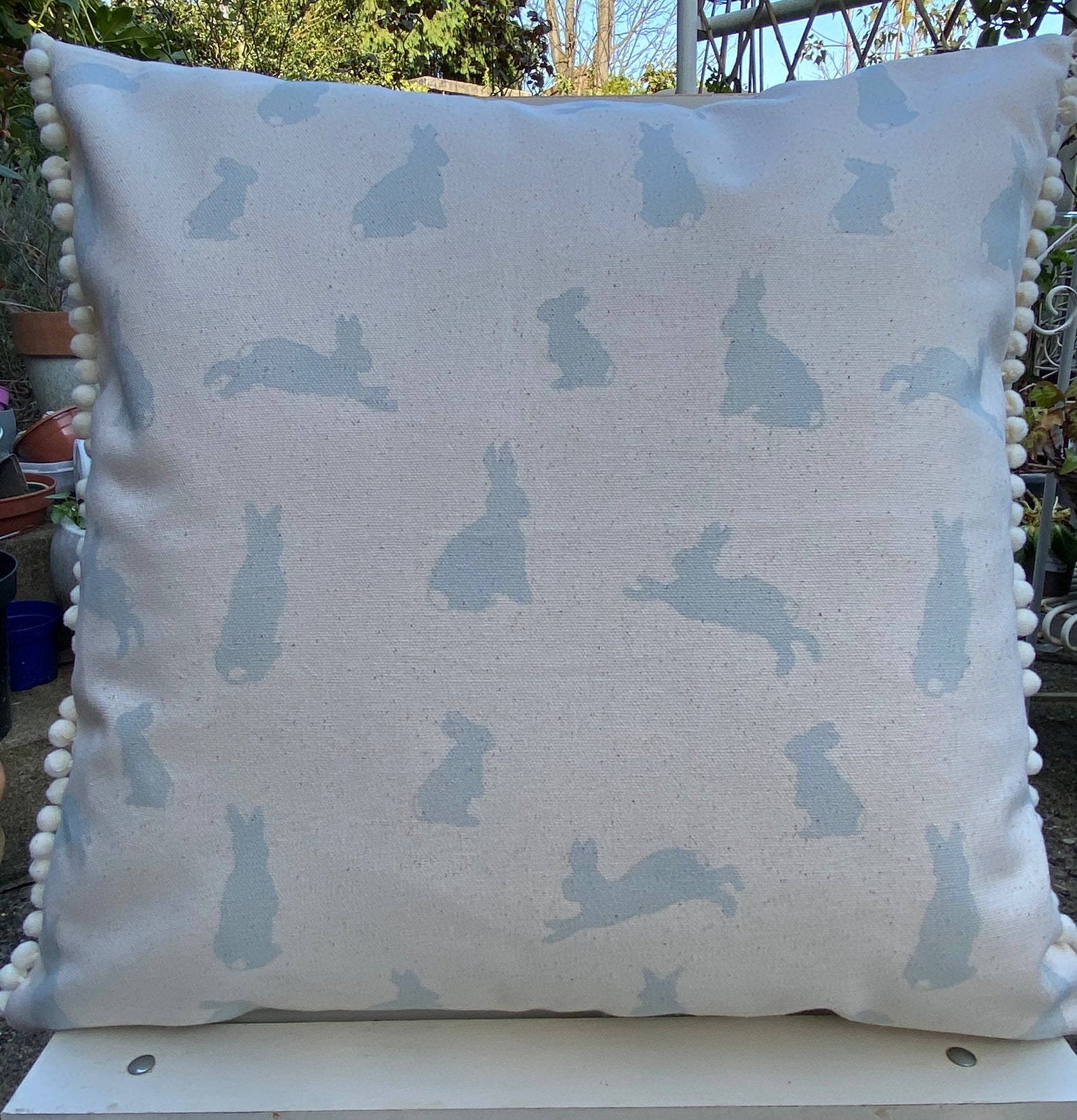 Bunny Rabbit Cushion With Pom Poms, Organic Cotton, Original Design