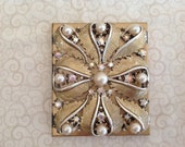Vintage Square Compact with Pearls and Iridescent Rhinestones