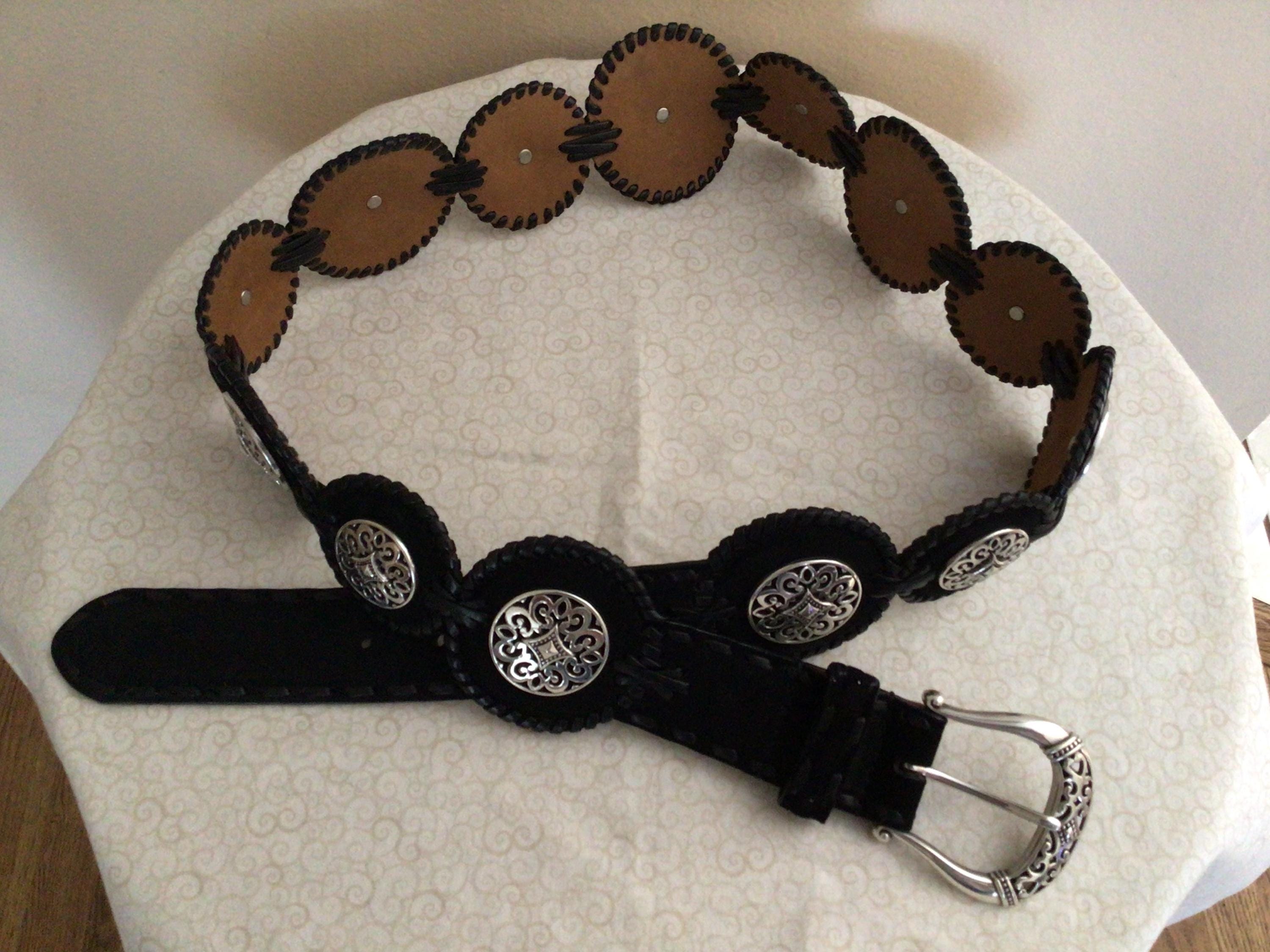 Vintage Brighton 1993 Black Leather Belt with Ornate Silver Conchos size L/XL Vintage 1993 Brighton Sunflower Concho Belt L – Motley Vintage main image 2