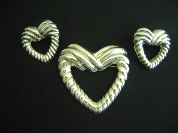 Sterling Silver Heart Set Earrings and Brooch - image 1