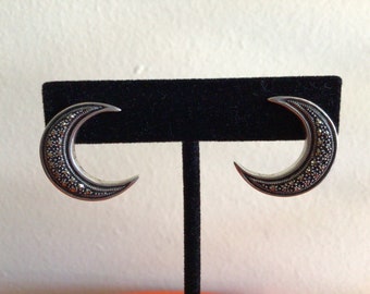 Vintage Sterling Silver Half Moon Marcasite Pierced Earrings