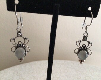 Gray Moonstone Dangle Pierced Earrings Sterling