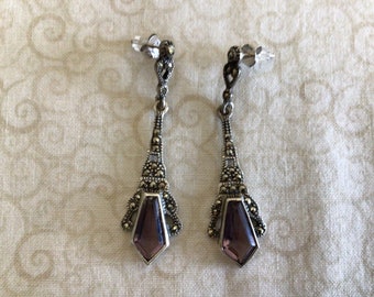 Vintage Amethyst Dangle Pierced Earrings with Marcasite