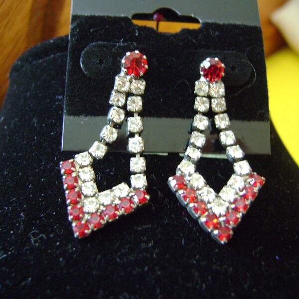 Vintage Diamante Clear Rhinestones and Ruby Red Earrings