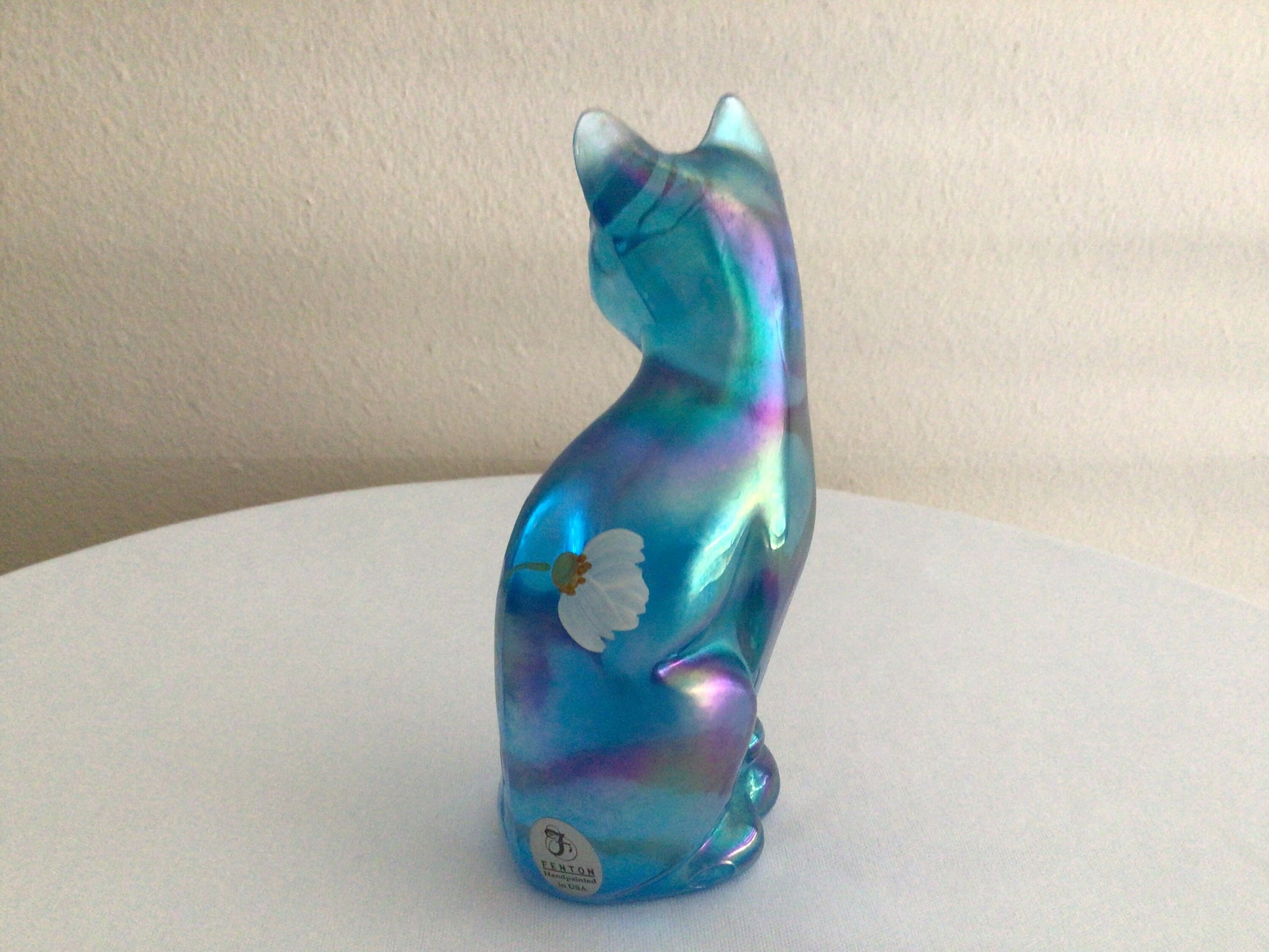 Vintage Iridescent Fenton Turquoise Blue Glass Cat with Hand