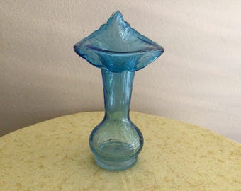 Vintage Jack in the Pulpit Vase Art Glass Blue W/ Clear Bubble 7 3