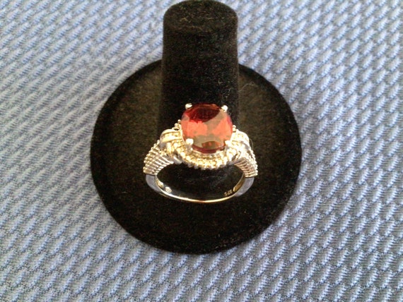 Silver Red Garnet Gemstone Ring Signed - image 1