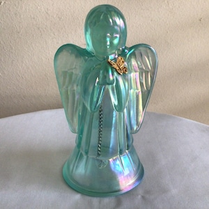 Fenton Green Iridescent Carnival Glass Angel with Metal Butterfly Signed