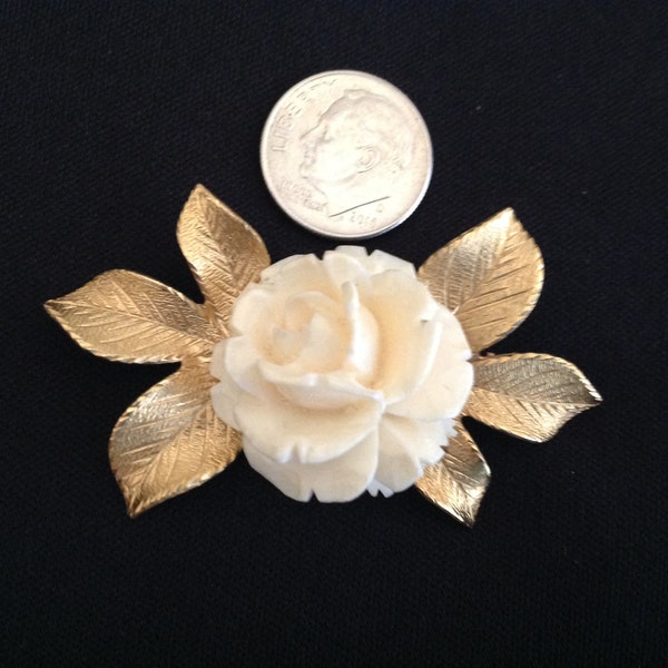 Vintage Wells Brooch with Ivory Colored Celluloid Rose 14KGF